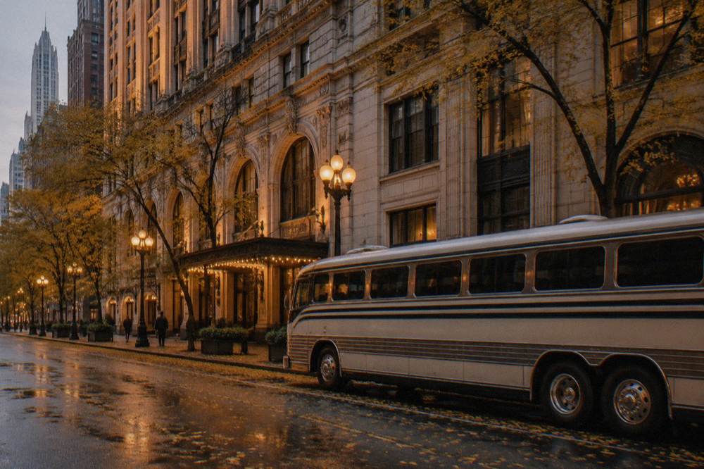 Vintage-style tour bus parked on a Chicago street at dusk